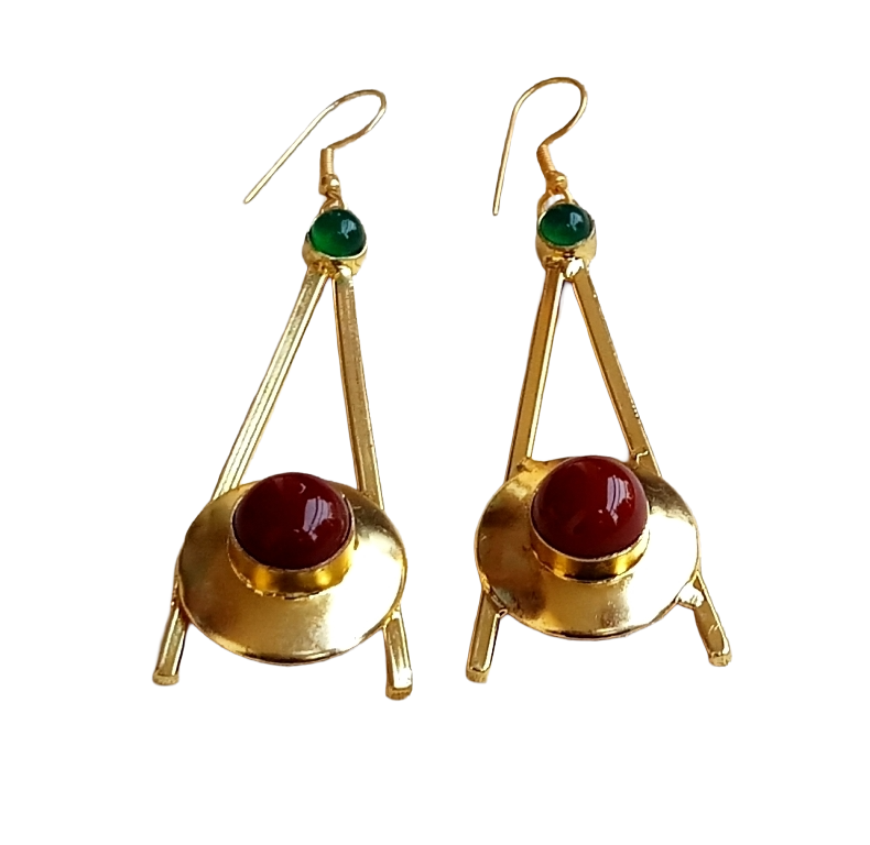 Gold Plated Red & Green Onyx Dangle Earrings – Handmade Elegant Designer Jewelry for Women