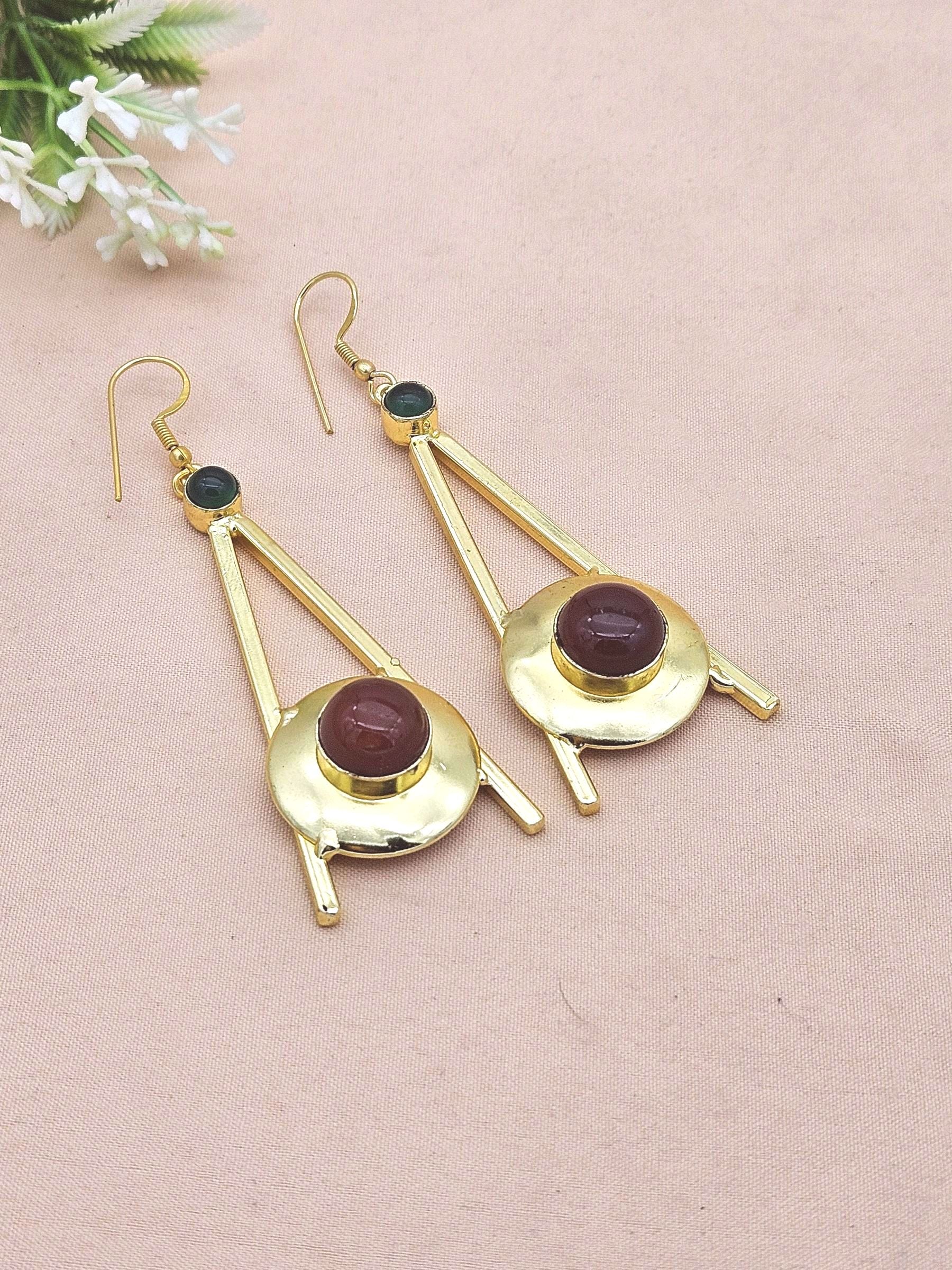 Gold Plated Red & Green Onyx Dangle Earrings – Handmade Elegant Designer Jewelry for Women