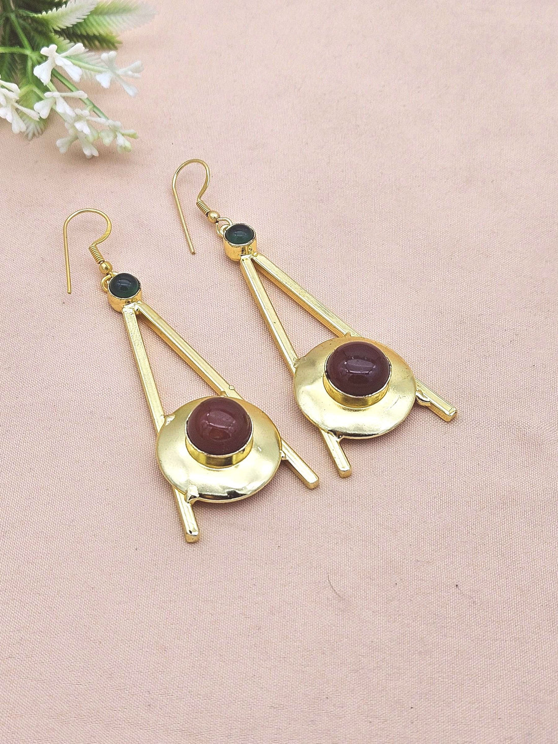 Gold Plated Red & Green Onyx Dangle Earrings – Handmade Elegant Designer Jewelry for Women