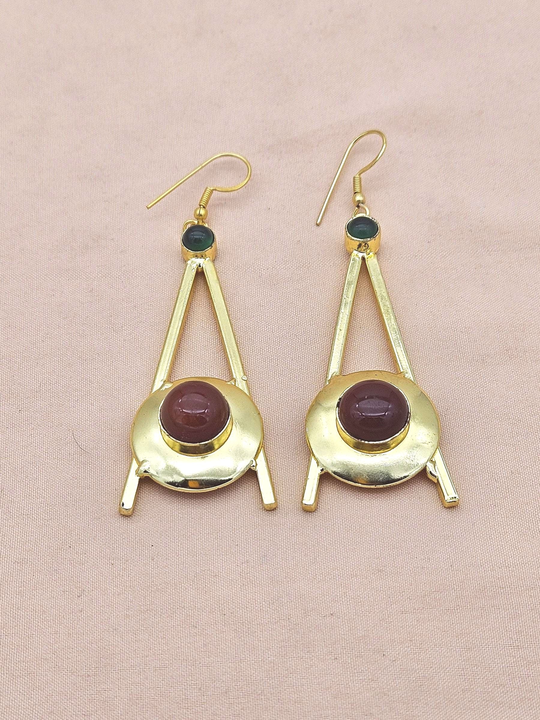 Gold Plated Red & Green Onyx Dangle Earrings – Handmade Elegant Designer Jewelry for Women