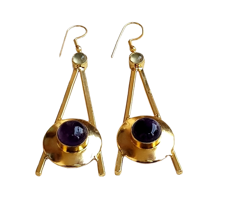 Gold Plated Amethyst-Prehnite Dangle Earrings – Handmade Elegant Designer Jewelry for Women
