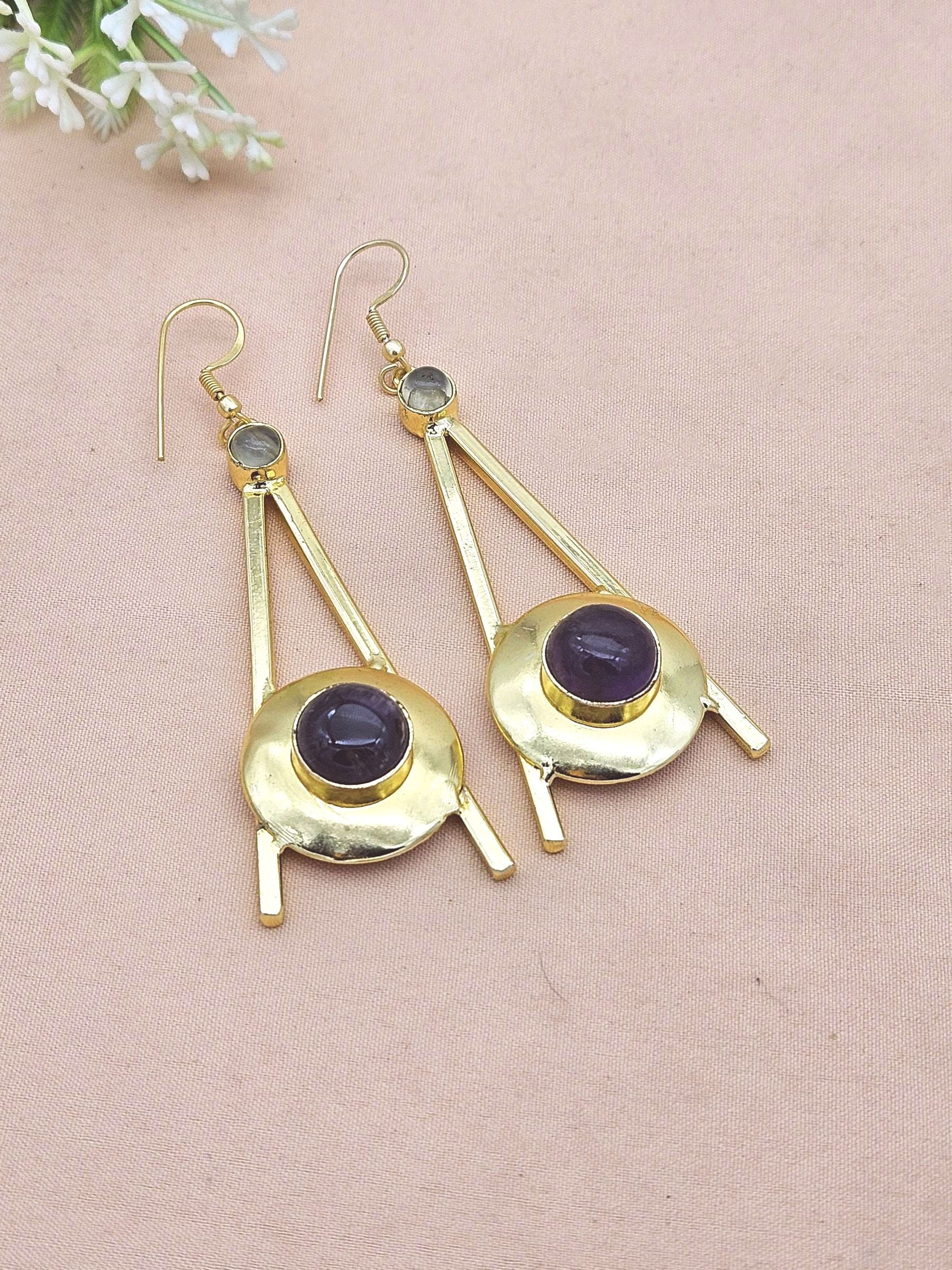 Gold Plated Amethyst-Prehnite Dangle Earrings – Handmade Elegant Designer Jewelry for Women