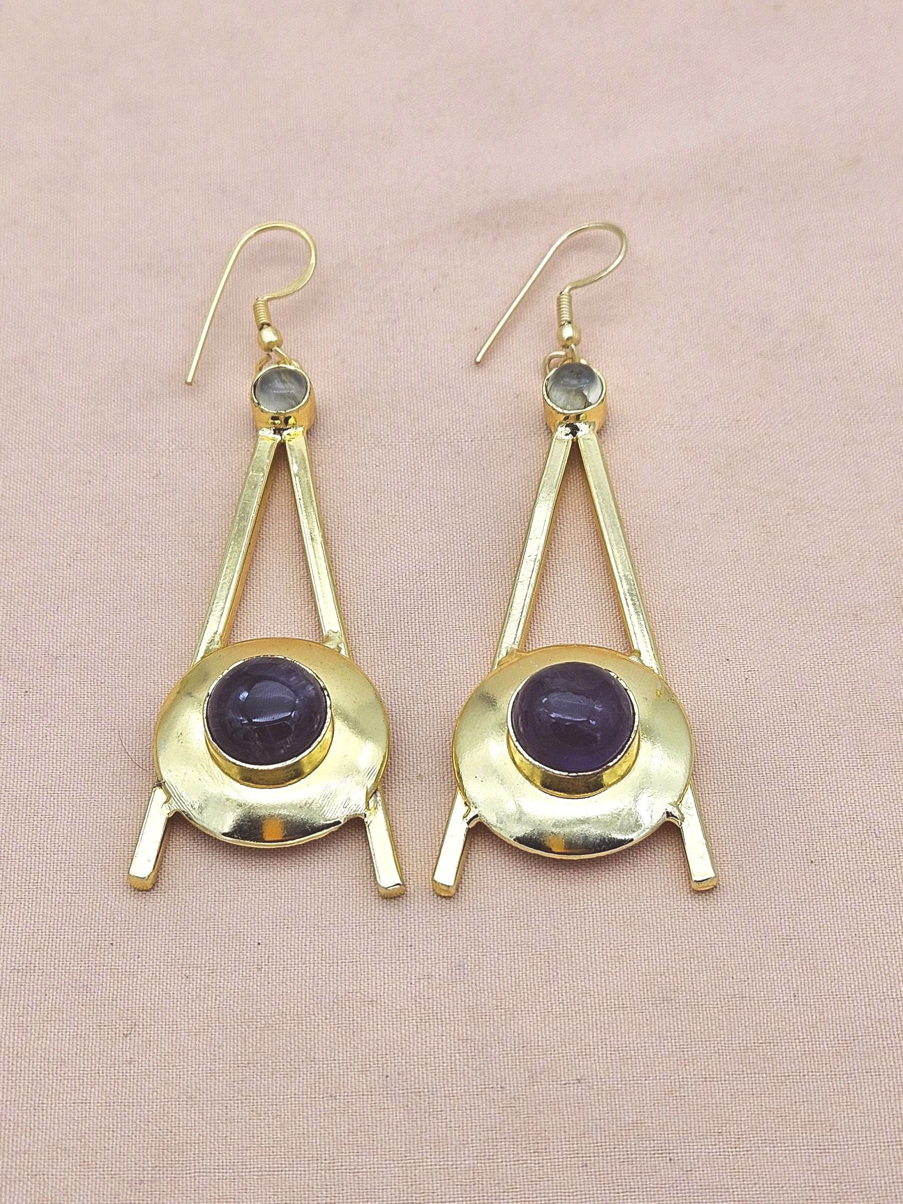 Gold Plated Amethyst-Prehnite Dangle Earrings – Handmade Elegant Designer Jewelry for Women