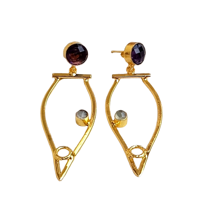 Amazing Gold Plated Dangle Earring - Prehnite-Purple Glass stone Handcrafted Jewelry