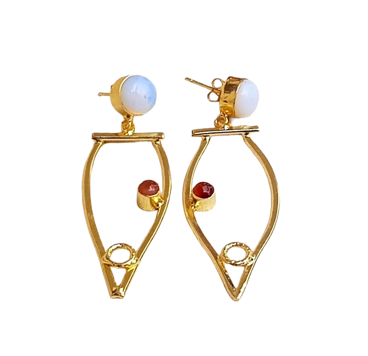 Amazing Gold Plated Dangle Earring -Synthetic Opal-Red Onyx stone Handcrafted Jewelry