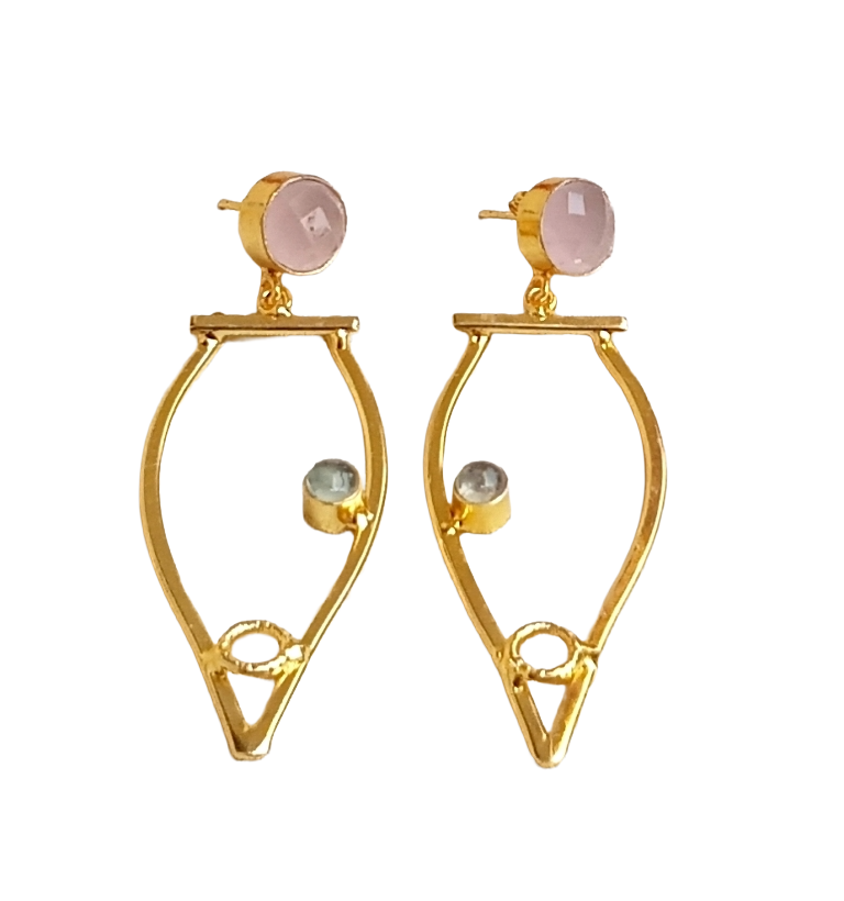 Amazing Gold Plated Dangle Earring -Rose Quartz-Prehnite stone Handcrafted Jewelry