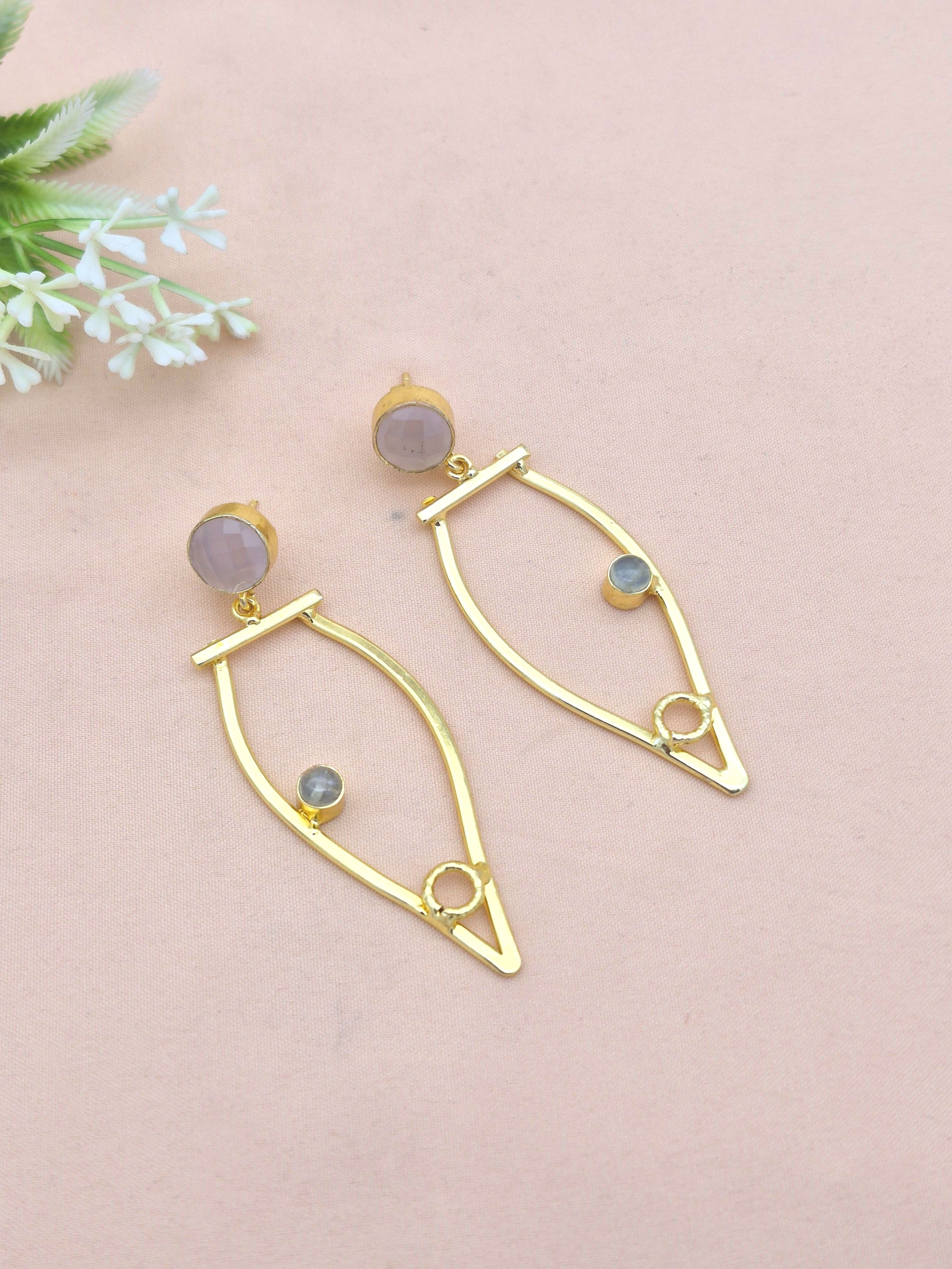 Amazing Gold Plated Dangle Earring -Rose Quartz-Prehnite stone Handcrafted Jewelry