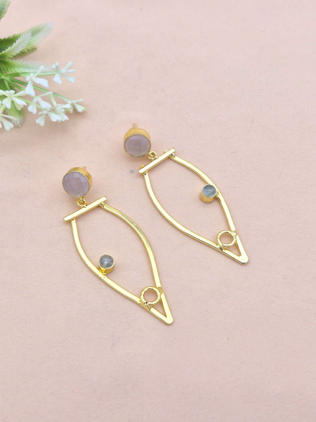 Amazing Gold Plated Dangle Earring -Rose Quartz-Prehnite stone Handcrafted Jewelry