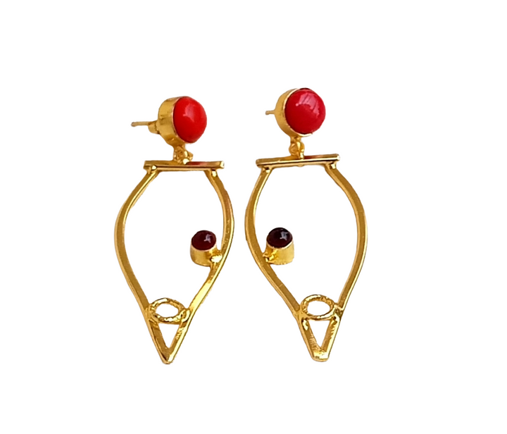 Amazing Gold Plated Dangle Earring -Coral-Red Onyx stone Handcrafted Jewelry