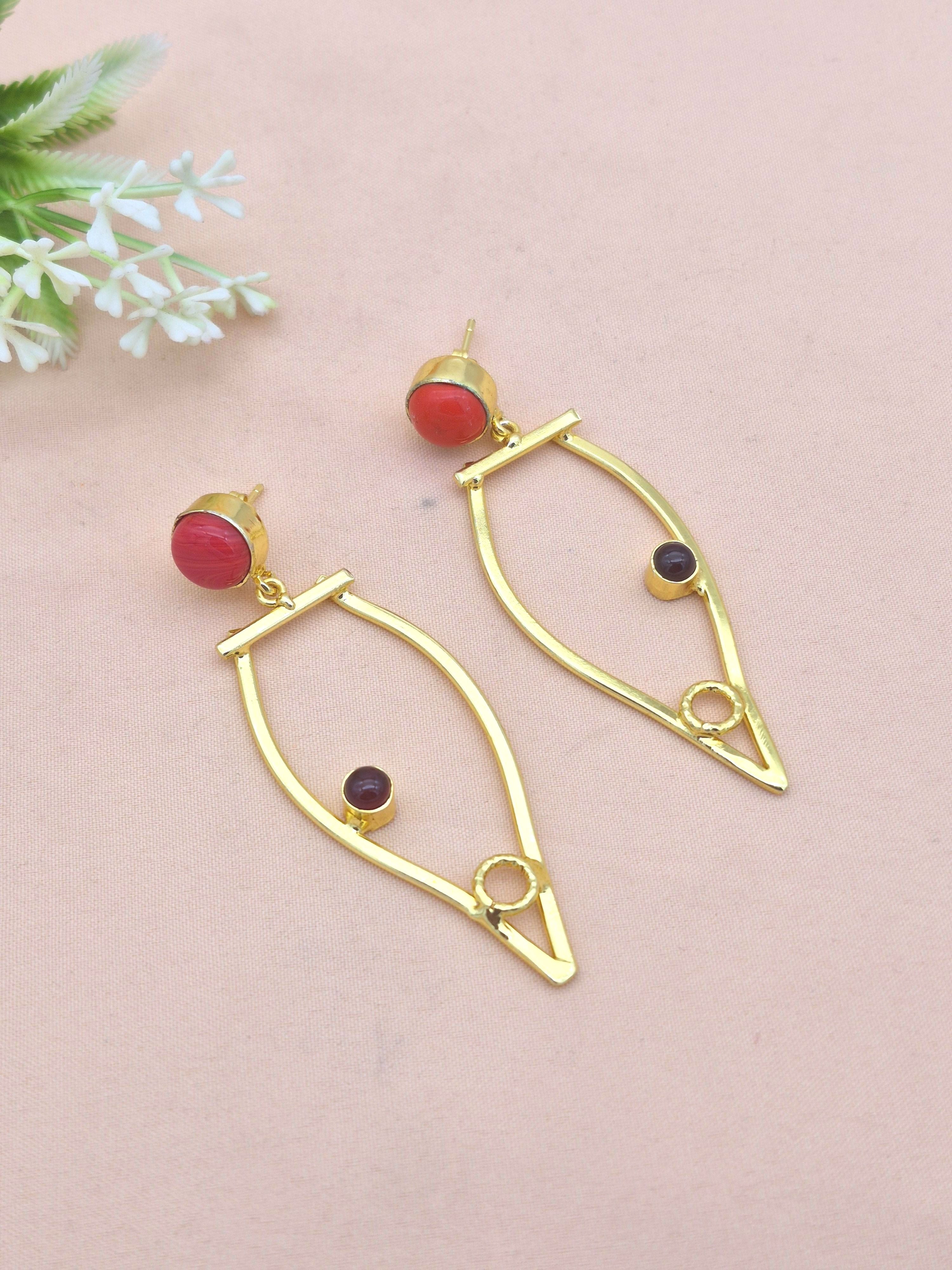 Amazing Gold Plated Dangle Earring -Coral-Red Onyx stone Handcrafted Jewelry