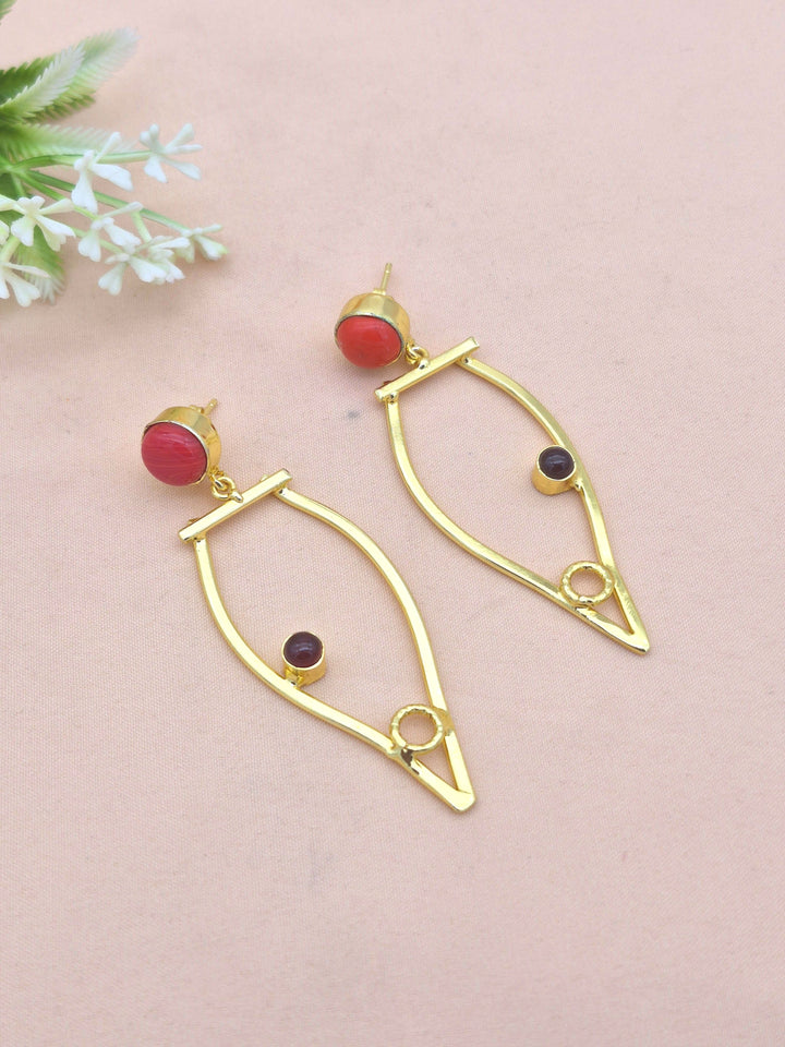 Amazing Gold Plated Dangle Earring -Coral-Red Onyx stone Handcrafted Jewelry