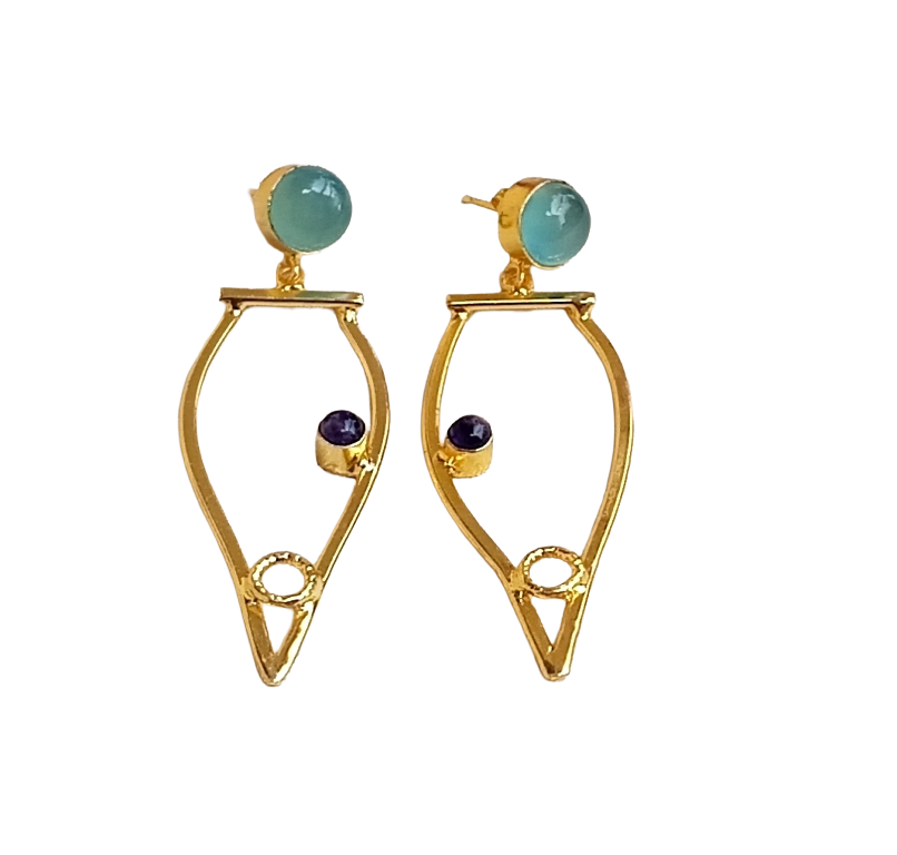 Amazing Gold Plated Dangle Earring -Blue Chalcedony-Amethyst stone Handcrafted Jewelry