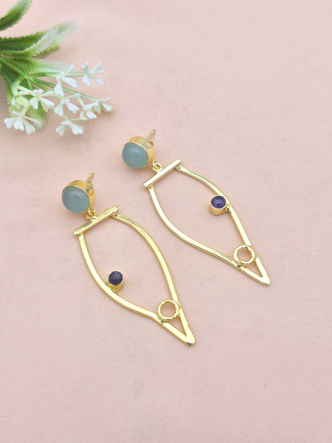 Amazing Gold Plated Dangle Earring -Blue Chalcedony-Amethyst stone Handcrafted Jewelry