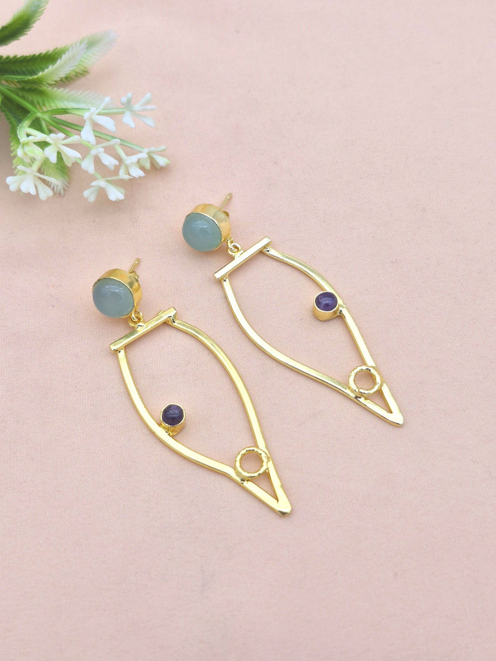 Amazing Gold Plated Dangle Earring -Blue Chalcedony-Amethyst stone Handcrafted Jewelry