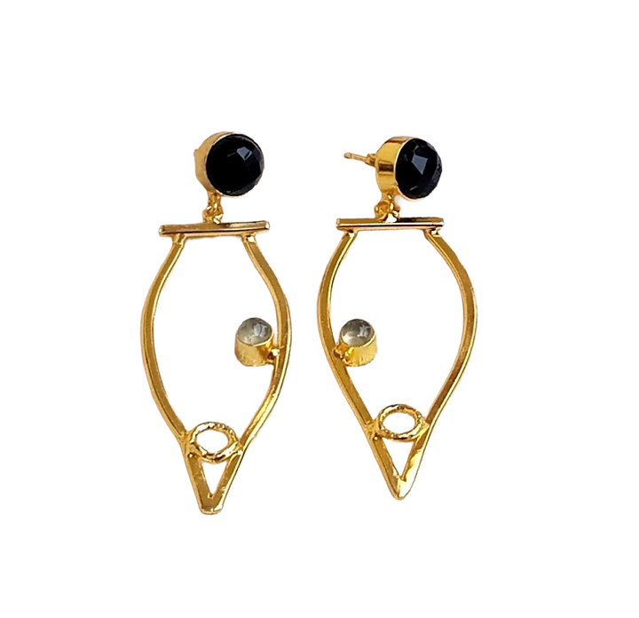 Amazing Gold Plated Dangle Earring -Black Onyx-Prehnite stone Handcrafted Jewelry