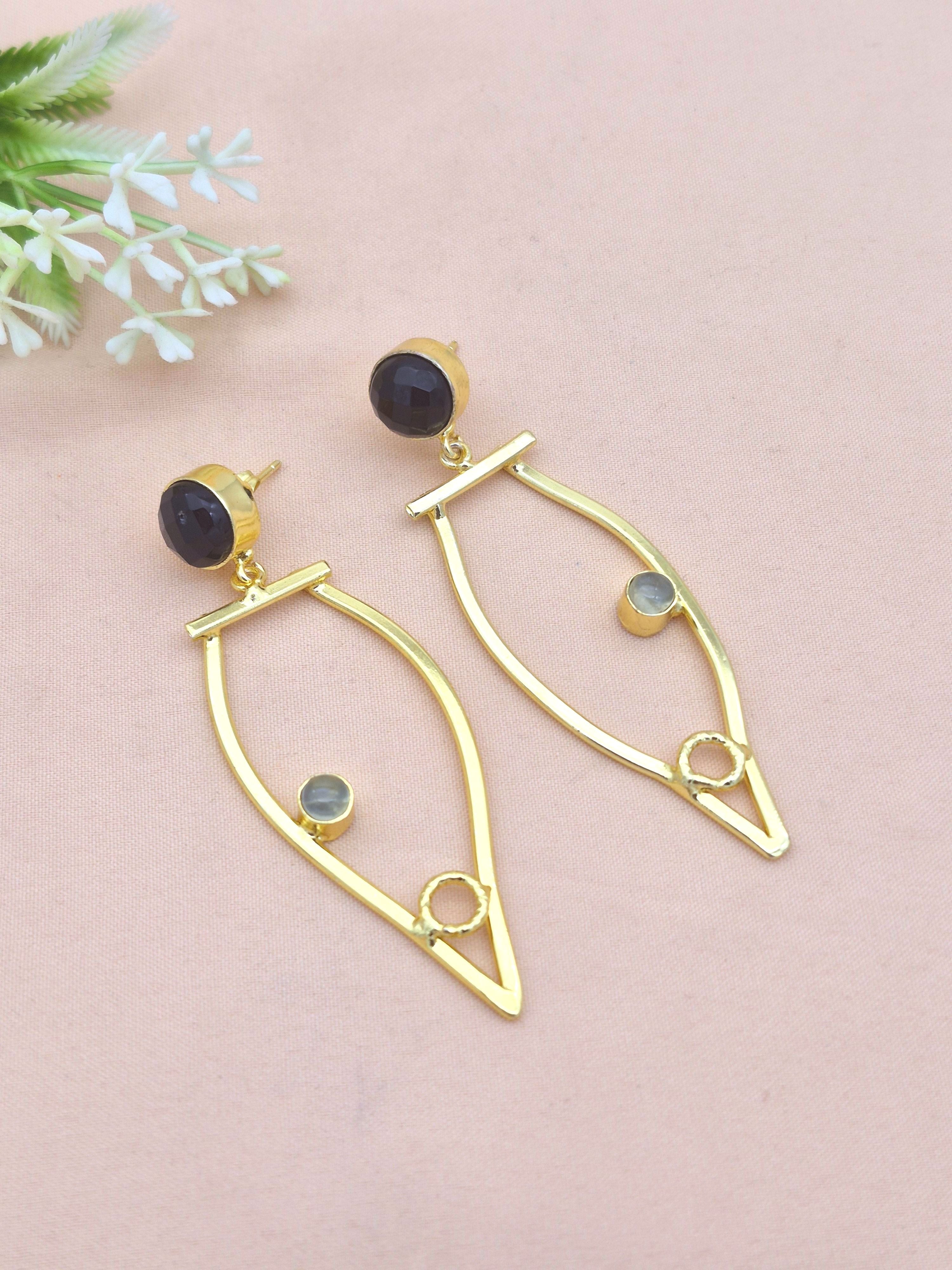 Amazing Gold Plated Dangle Earring -Black Onyx-Prehnite stone Handcrafted Jewelry