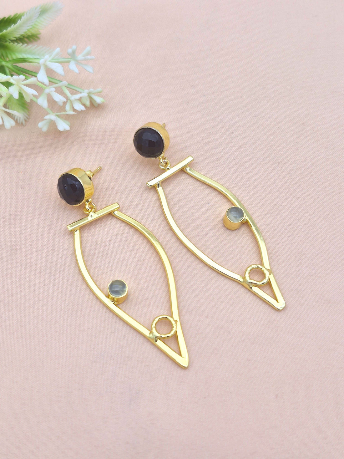 Amazing Gold Plated Dangle Earring -Black Onyx-Prehnite stone Handcrafted Jewelry