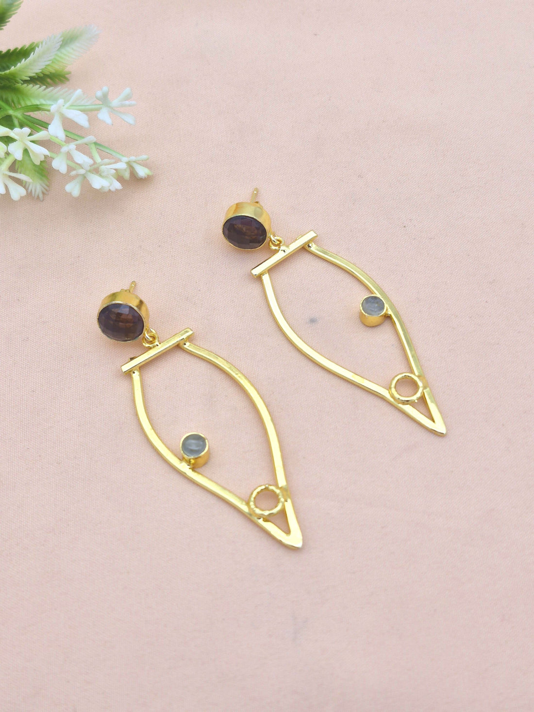 Amazing Gold Plated Dangle Earring - Prehnite-Purple Glass stone Handcrafted Jewelry