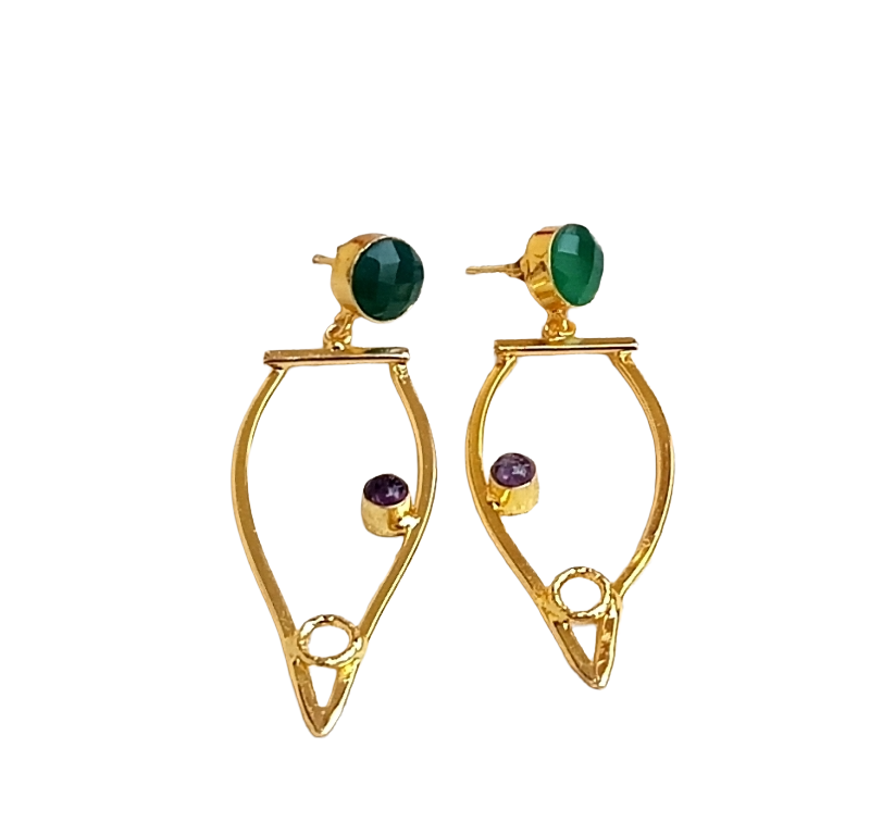 Amazing Gold Plated Dangle Earring - Green Onyx-Amethyst stone Handcrafted Jewelry