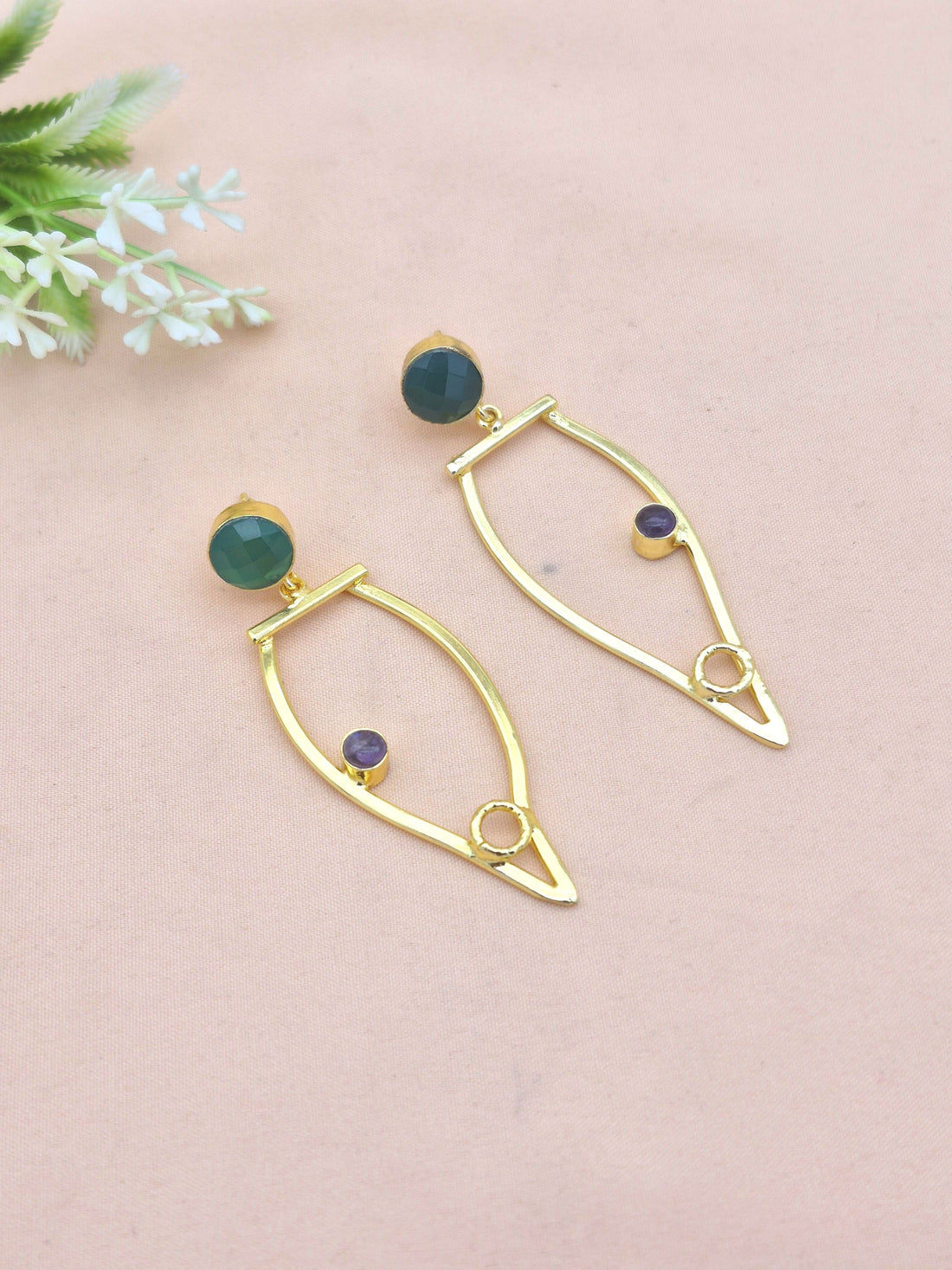 Amazing Gold Plated Dangle Earring - Green Onyx-Amethyst stone Handcrafted Jewelry
