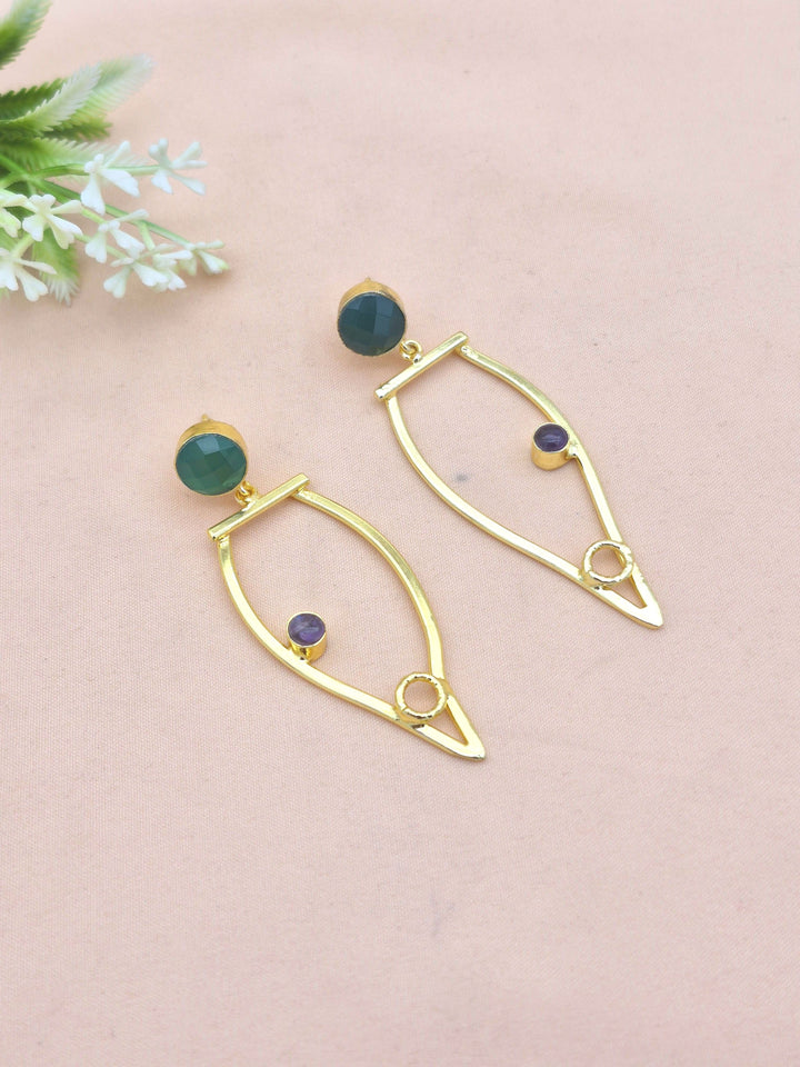Amazing Gold Plated Dangle Earring - Green Onyx-Amethyst stone Handcrafted Jewelry
