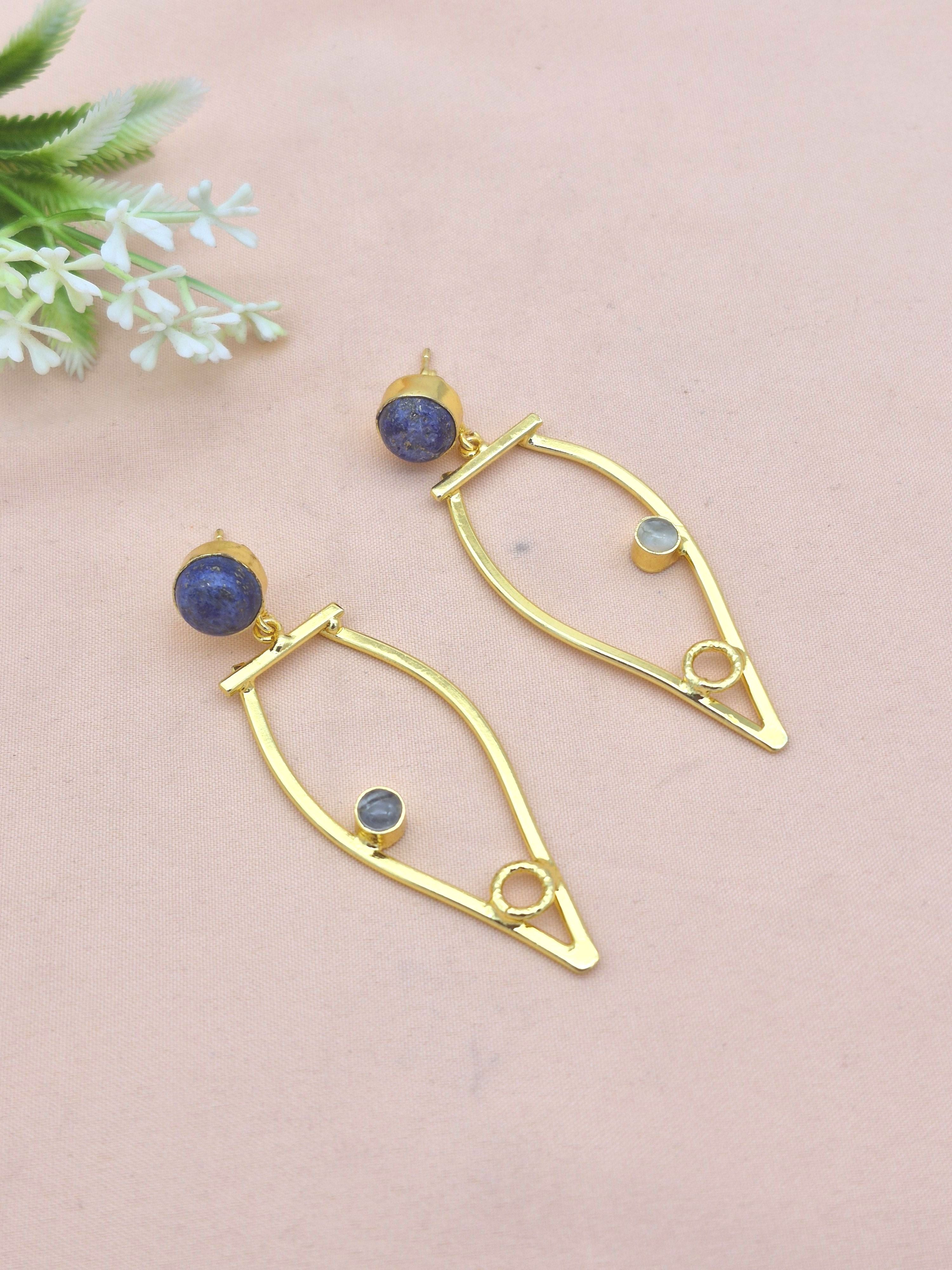 Amazing Gold Plated Dangle Earring - Lapis Prehnite stone Handcrafted Jewelry