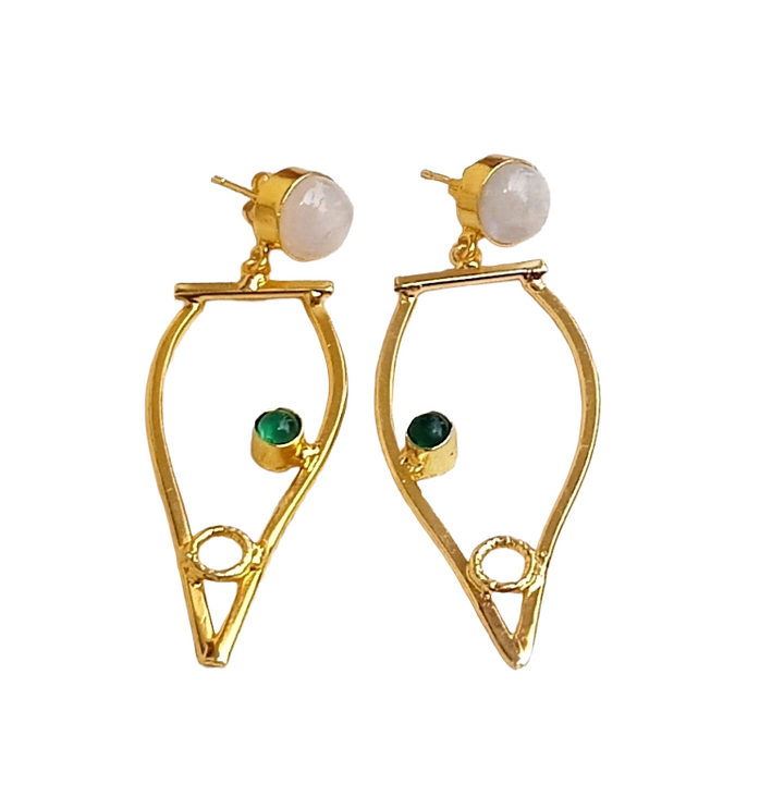 Amazing Gold Plated Dangle Earring - White Rainbow Green Onyx stone Handcrafted Jewelry