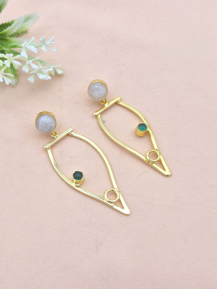 Amazing Gold Plated Dangle Earring - White Rainbow Green Onyx stone Handcrafted Jewelry