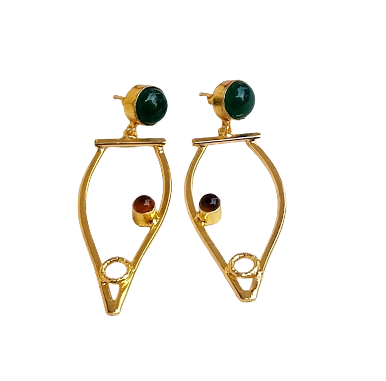Amazing Gold Plated Dangle Earring -Green Onyx Yellow Chalcedony stone Handcrafted Jewelry