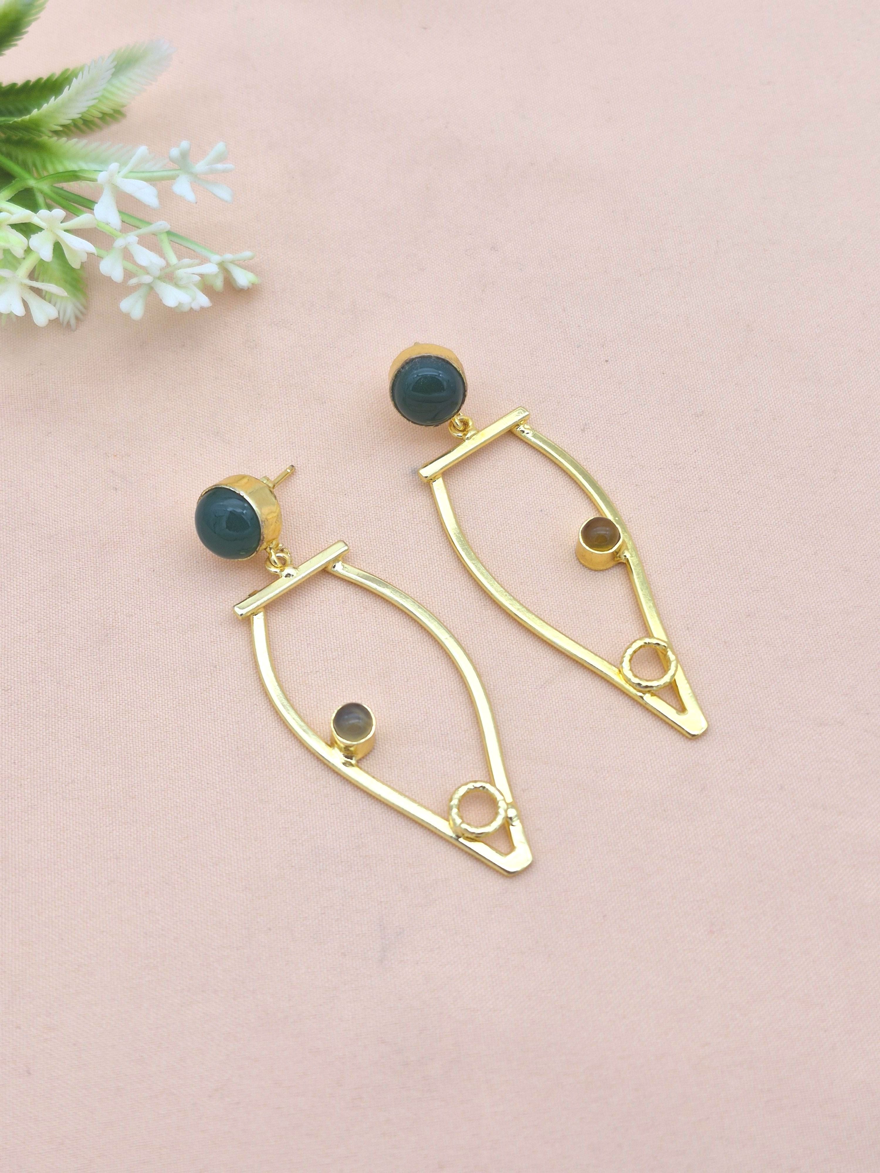Amazing Gold Plated Dangle Earring -Green Onyx Yellow Chalcedony stone Handcrafted Jewelry