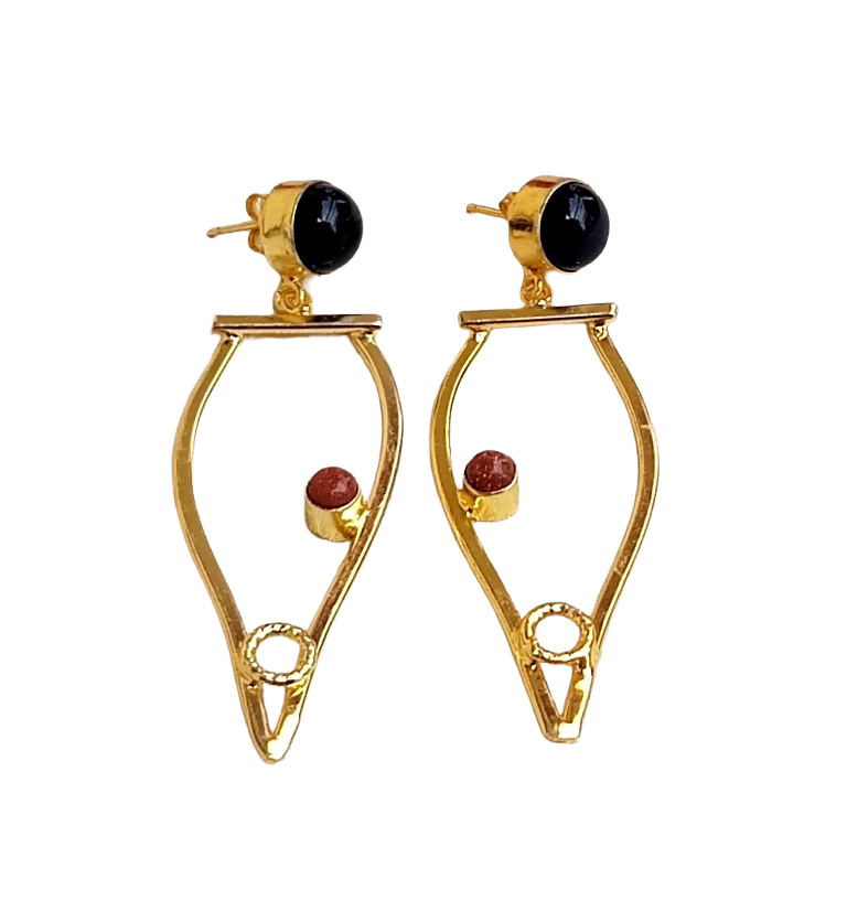 Amazing Gold Plated Dangle Earring -Black Onyx Sun Sitara stone Handcrafted Jewelry