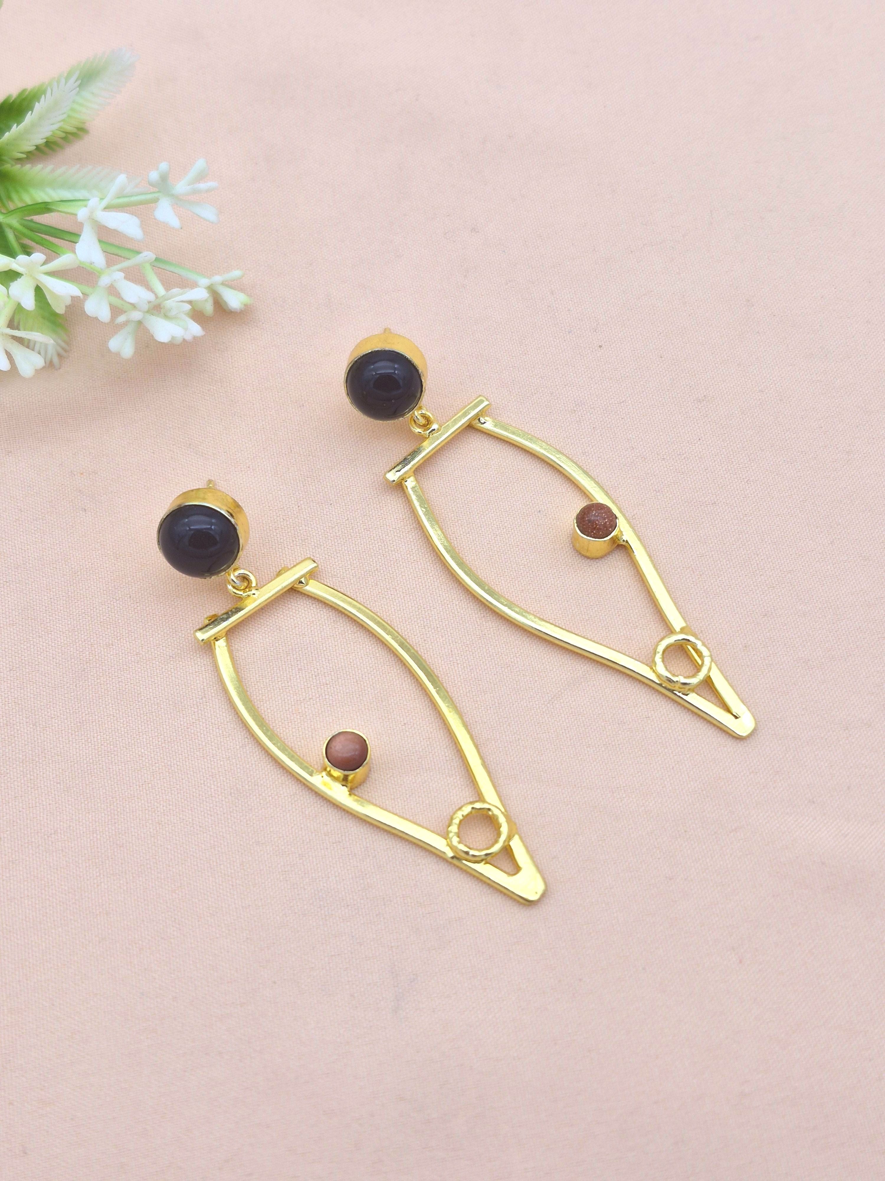Amazing Gold Plated Dangle Earring -Black Onyx Sun Sitara stone Handcrafted Jewelry