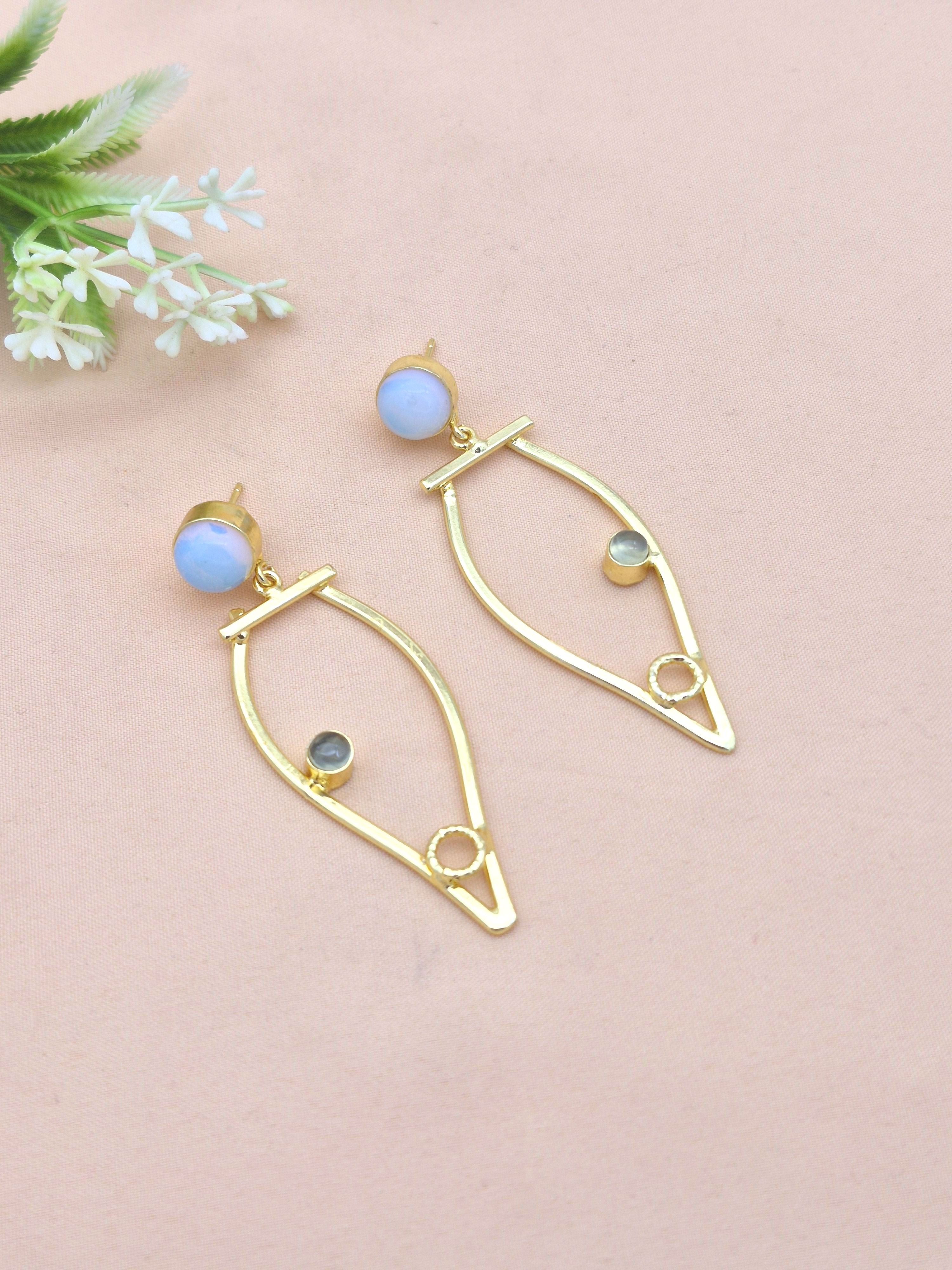 Amazing Gold Plated Dangle Earring -Synthetic Opal-Prehnite stone Handcrafted Jewelry