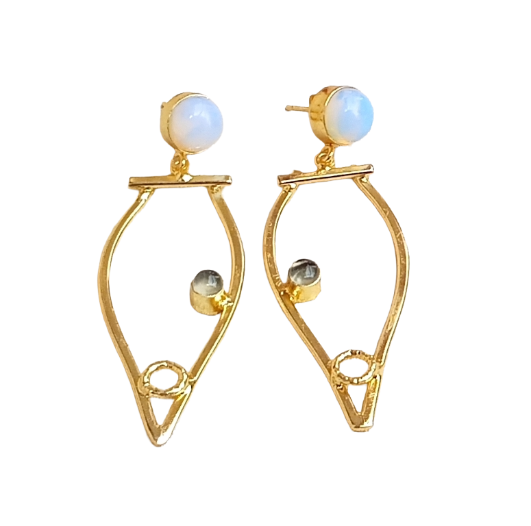 Amazing Gold Plated Dangle Earring -Synthetic Opal-Prehnite stone Handcrafted Jewelry
