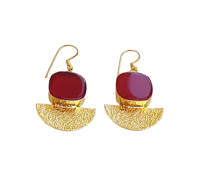 Handmade Gold Plated Red Onyx Dangle Earrings – Lightweight Floral Designer Jewelry