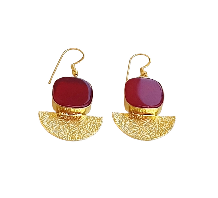 Handmade Gold Plated Red Onyx Dangle Earrings – Lightweight Floral Designer Jewelry