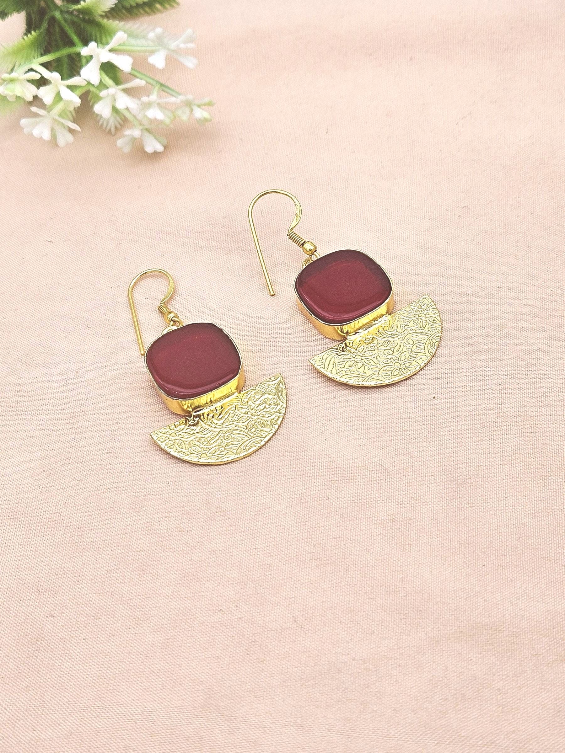 Handmade Gold Plated Red Onyx Dangle Earrings – Lightweight Floral Designer Jewelry
