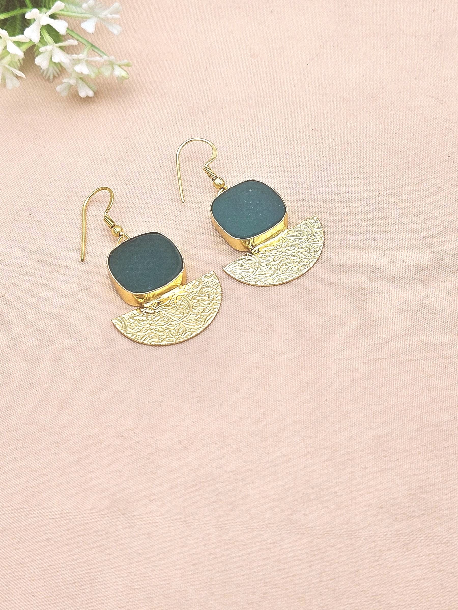 Handmade Gold Plated Green Onyx Dangle Earrings – Lightweight Floral Designer Jewelry
