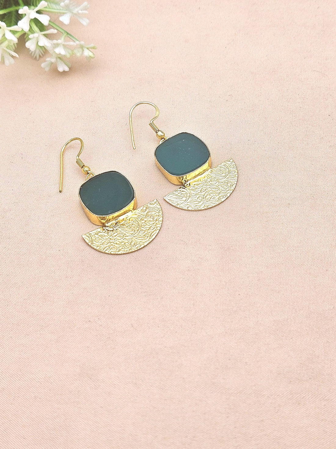 Handmade Gold Plated Green Onyx Dangle Earrings – Lightweight Floral Designer Jewelry