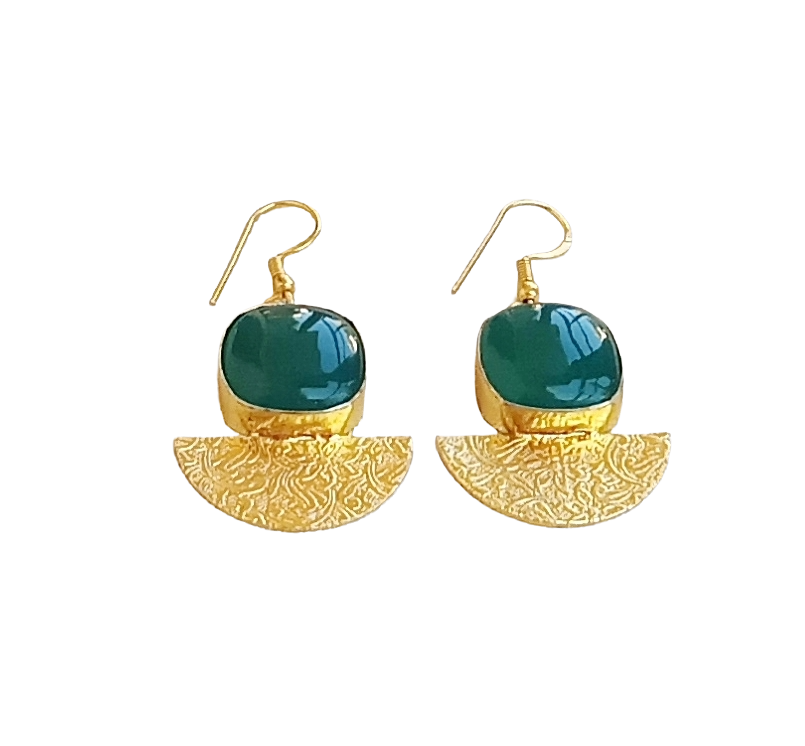 Handmade Gold Plated Green Onyx Dangle Earrings – Lightweight Floral Designer Jewelry