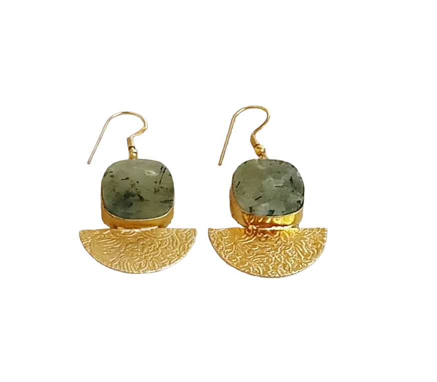 Handmade Gold Plated Prehnite Dangle Earrings – Lightweight Floral Designer Jewelry