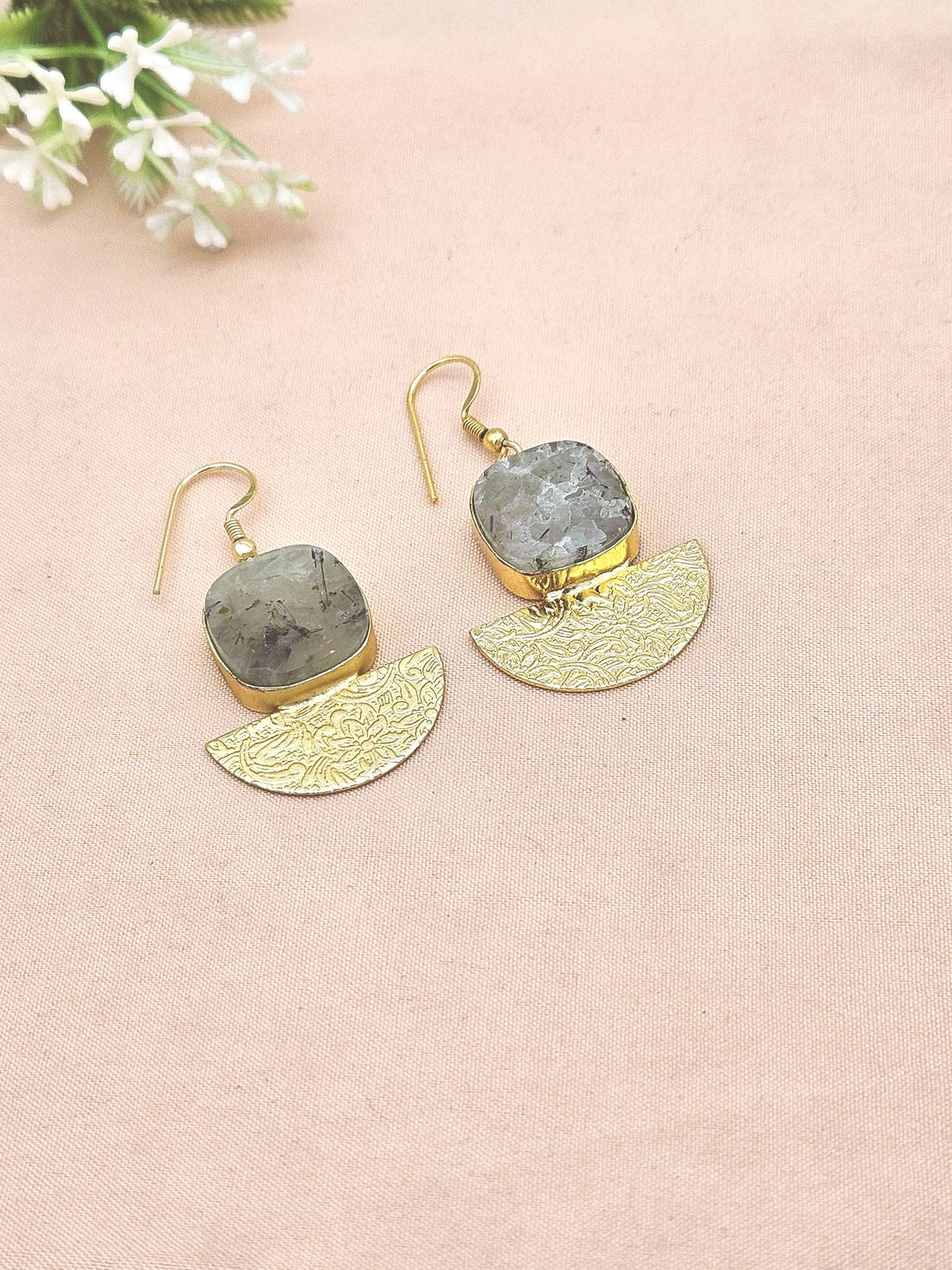 Handmade Gold Plated Prehnite Dangle Earrings – Lightweight Floral Designer Jewelry