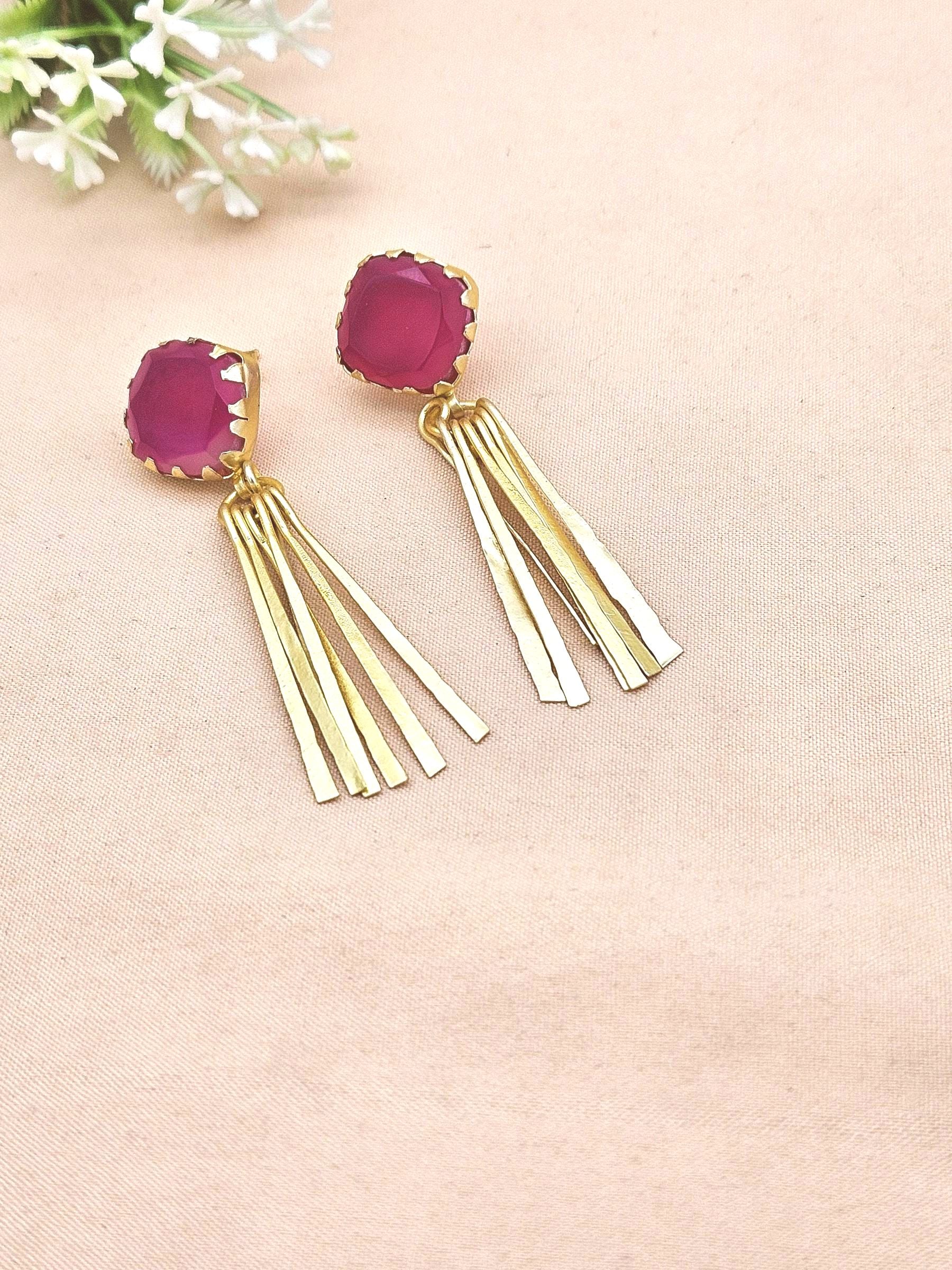 Elegant Gold Plated Pink Onyx Earrings – Lightweight Designer Strip Dangles for Women