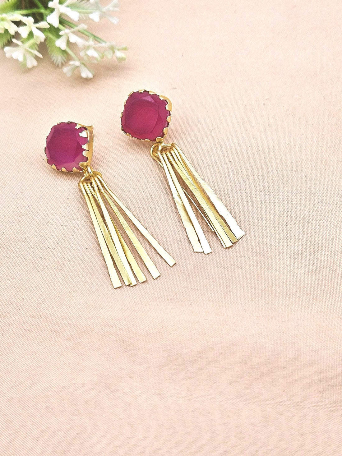 Elegant Gold Plated Pink Onyx Earrings – Lightweight Designer Strip Dangles for Women
