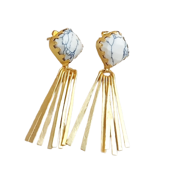 Modern Gold Plated Howlite Onyx Earrings – Lightweight Handmade Designer Dangles