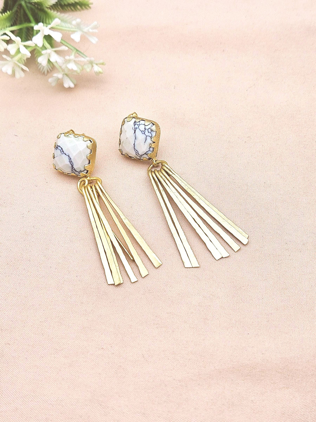 Modern Gold Plated Howlite Onyx Earrings – Lightweight Handmade Designer Dangles