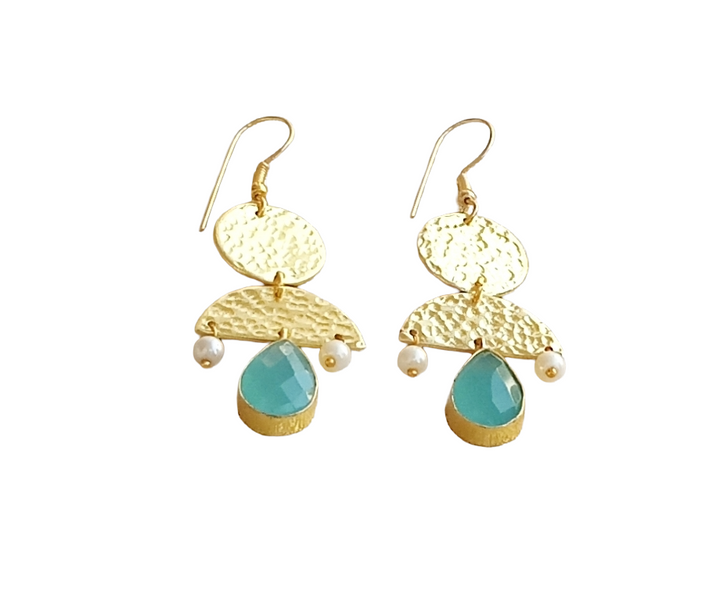 Charming Gold Plated Dangle Earrings –Chalcedony-Pearl Gemstone Hammered Designer Jewelry