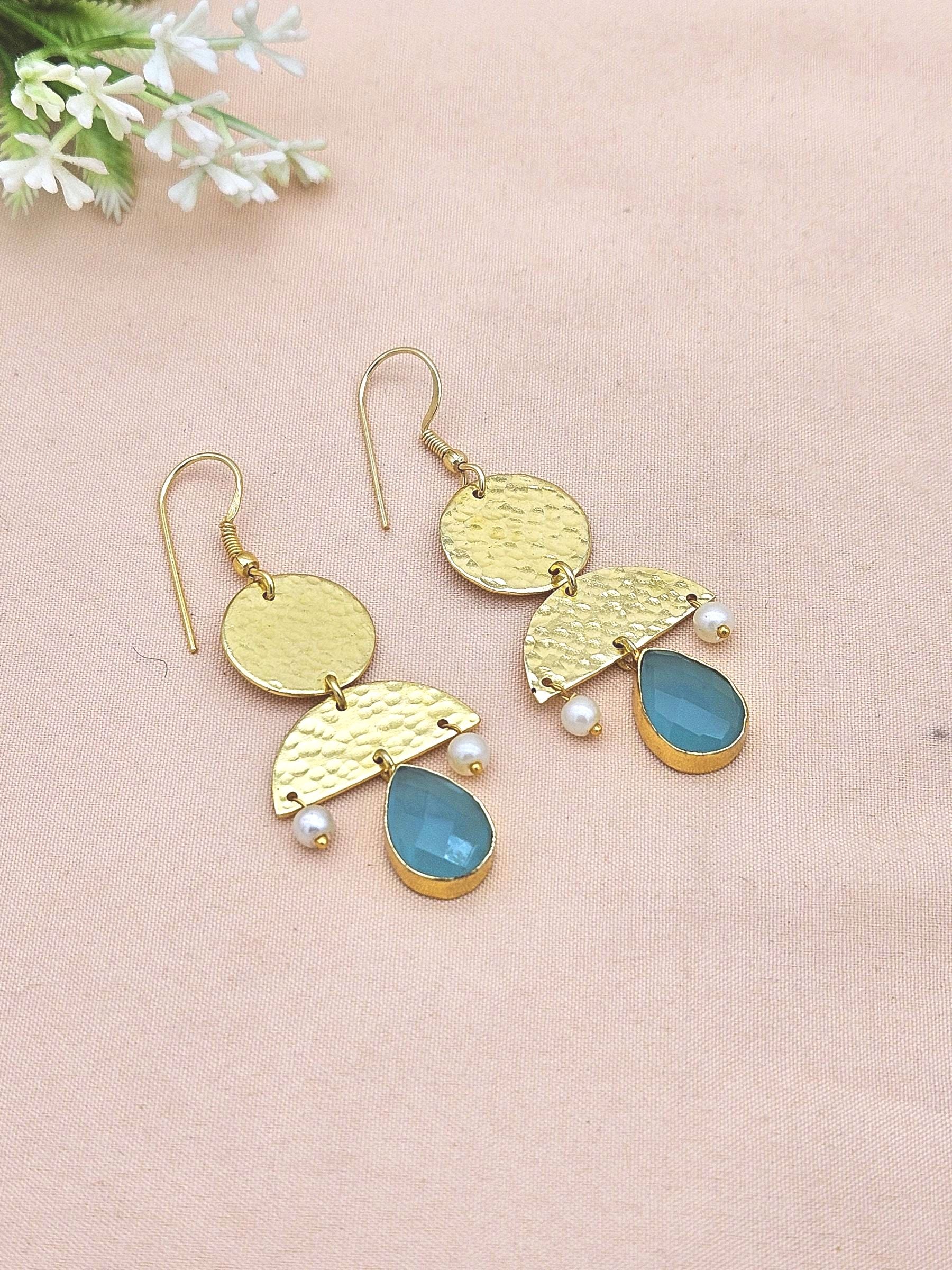 Charming Gold Plated Dangle Earrings –Chalcedony-Pearl Gemstone Hammered Designer Jewelry
