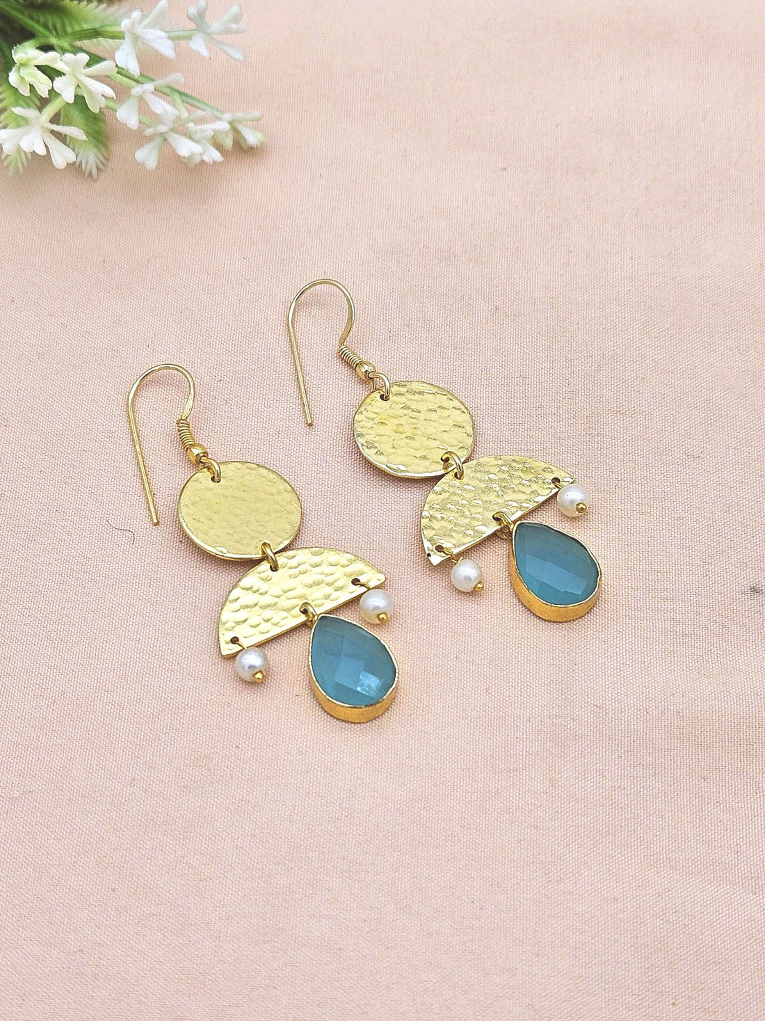 Charming Gold Plated Dangle Earrings –Chalcedony-Pearl Gemstone Hammered Designer Jewelry