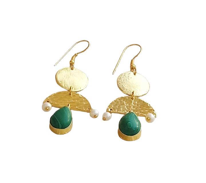 Charming Gold Plated Dangle Earrings –Malachite-Pearl Gemstone Hammered Designer Jewelry